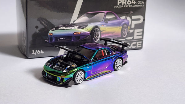 1:64 Pop Race Mazda RX-7 RE Amemiya Widebody Magic Chrome Macau GP 2024 999pcs