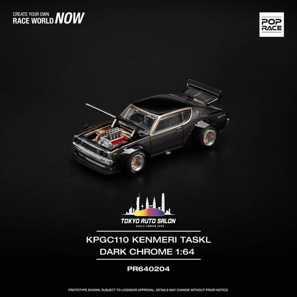 1:64 Pop Race Nissan Skyline GT-R KPGC110 Kenmeri Taskl Dark Chrome. Tokyo Auto Salon 2024 Kuala Lumpur Exclusive.